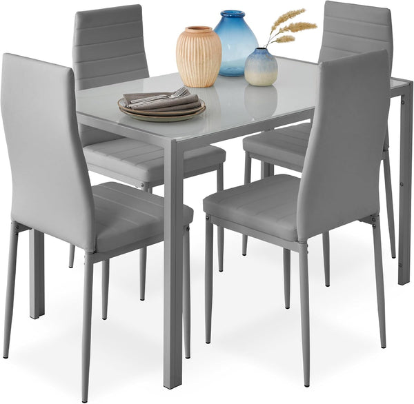 Best Choice Products - Juego de comedor de vidrio de 5 piezas, muebles modernos de mesa de cocina para comedor, comedor, comedor, compacto ahorro de espacio con mesa de vidrio, 4 sillas tapizadas de