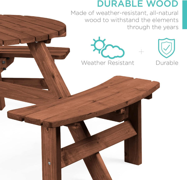 Best Choice Products Mesa circular de picnic de madera para 6 personas para patio, patio, jardín, bricolaje con 3 bancos integrados, capacidad de 500 libras, color café nogal