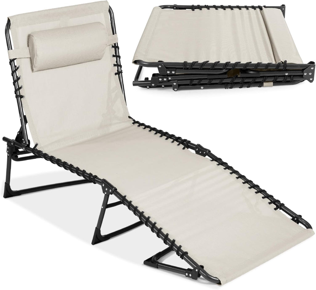 Best Choice Products - Sillón reclinable plegable portátil en la piscina para césped, patio trasero, playa con 8 posiciones ajustables, asas de transporte, capacidad de peso de 300 libras, color marfil