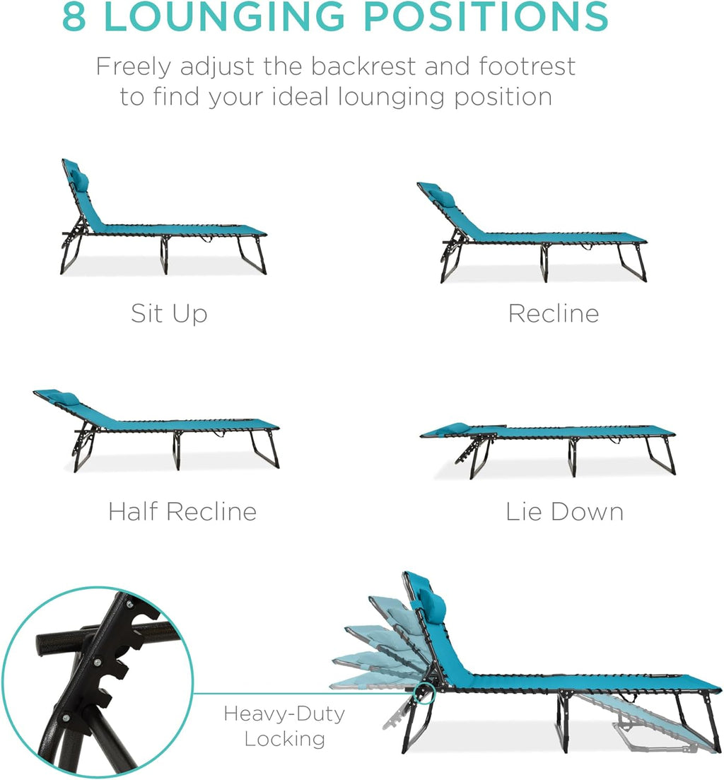Best Choice Products - Sillón reclinable plegable portátil para césped, con 8 posiciones, asas, capacidad de 300 libras, pavo real
