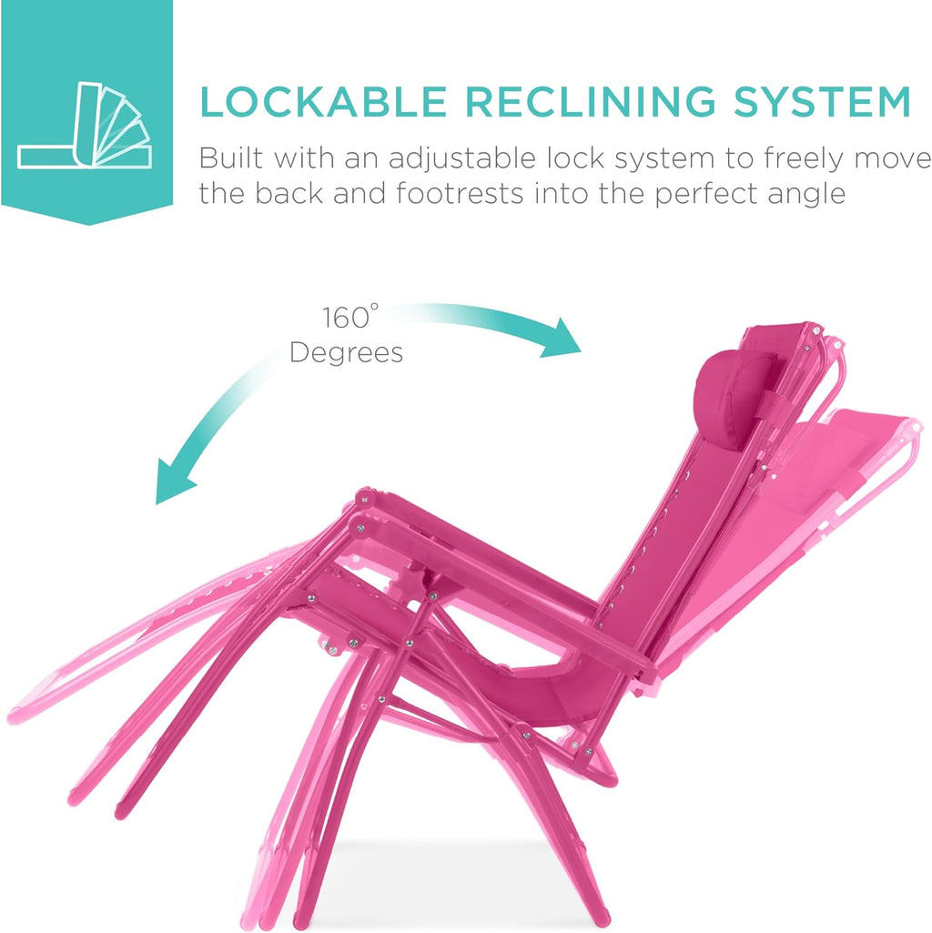 Best Choice Products - Silla reclinable plegable de gravedad cero para exteriores, con toldo ajustable, reposacabezas, bandeja de accesorios lateral, malla textilena, color rosa intenso