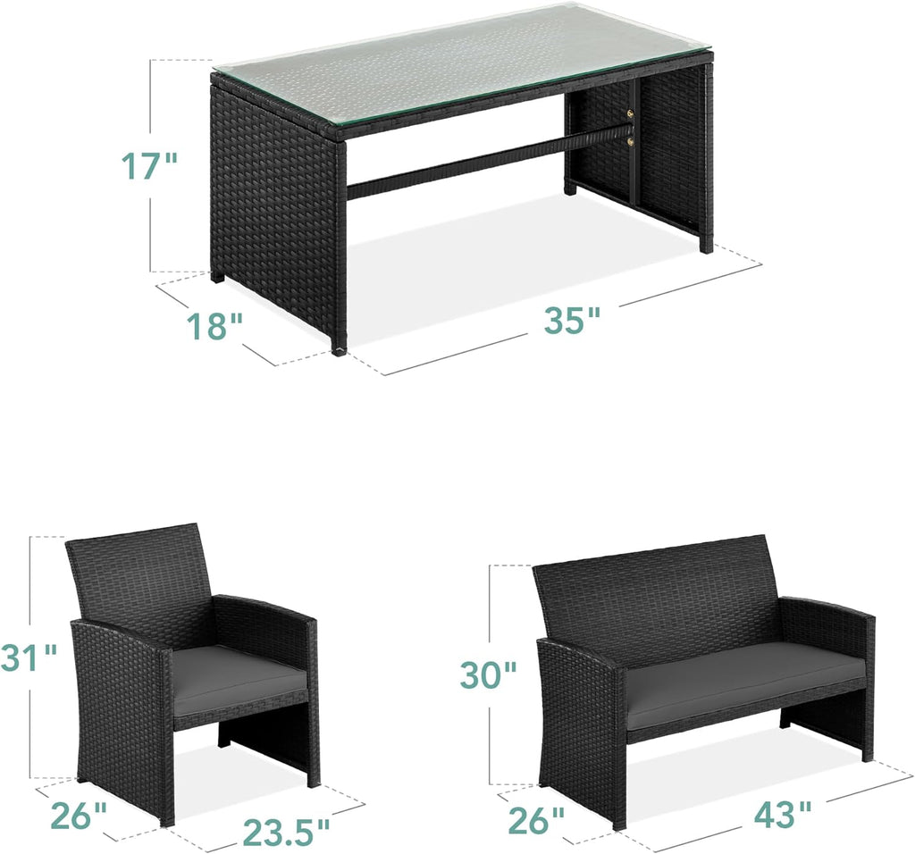 Best Choice Products - Juego de muebles de mimbre para patio de patio de 4 piezas para patio trasero con mesa de centro, cojines de asiento, color negro y gris