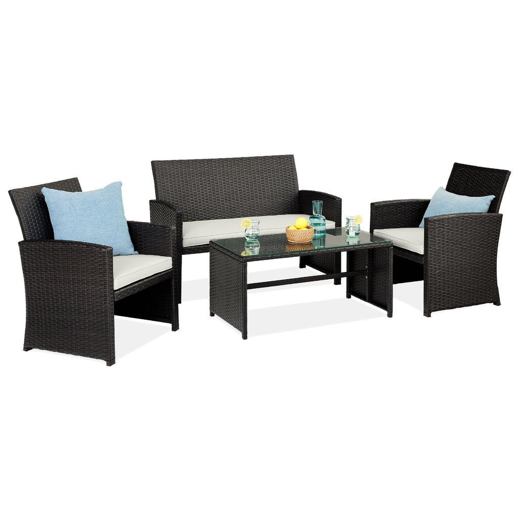Best Choice Products - Juego de muebles de mimbre para patio de patio de 4 piezas para patio trasero con mesa de centro, cojines de asiento, color topo/arena blanca