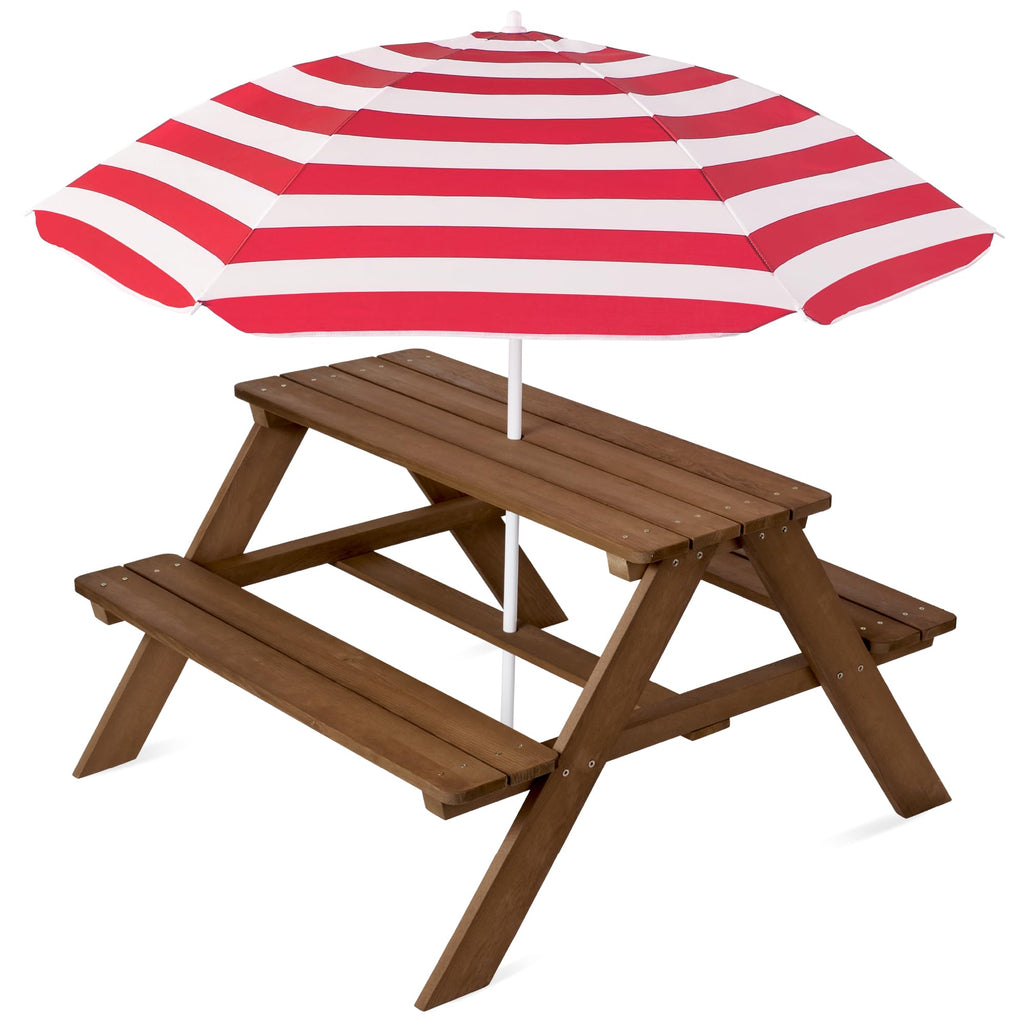Best Choice Products - Mesa de picnic de madera para niños, mesa de actividades al aire última intervensión y comedor con paraguas plegable ajustable, asientos integrados, color natural/rosa oscuro