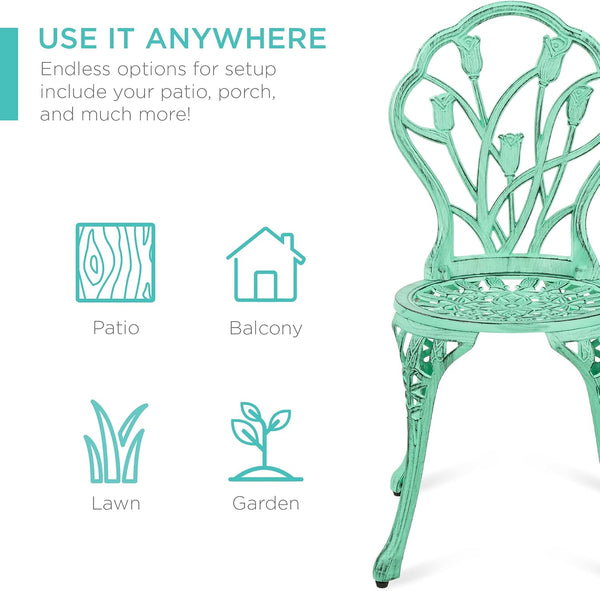 Best Choice Products Juego de 3 piezas de aluminio fundido resistente al óxido para patio con diseño de tulipán, acabado antiguo, color verde azulado