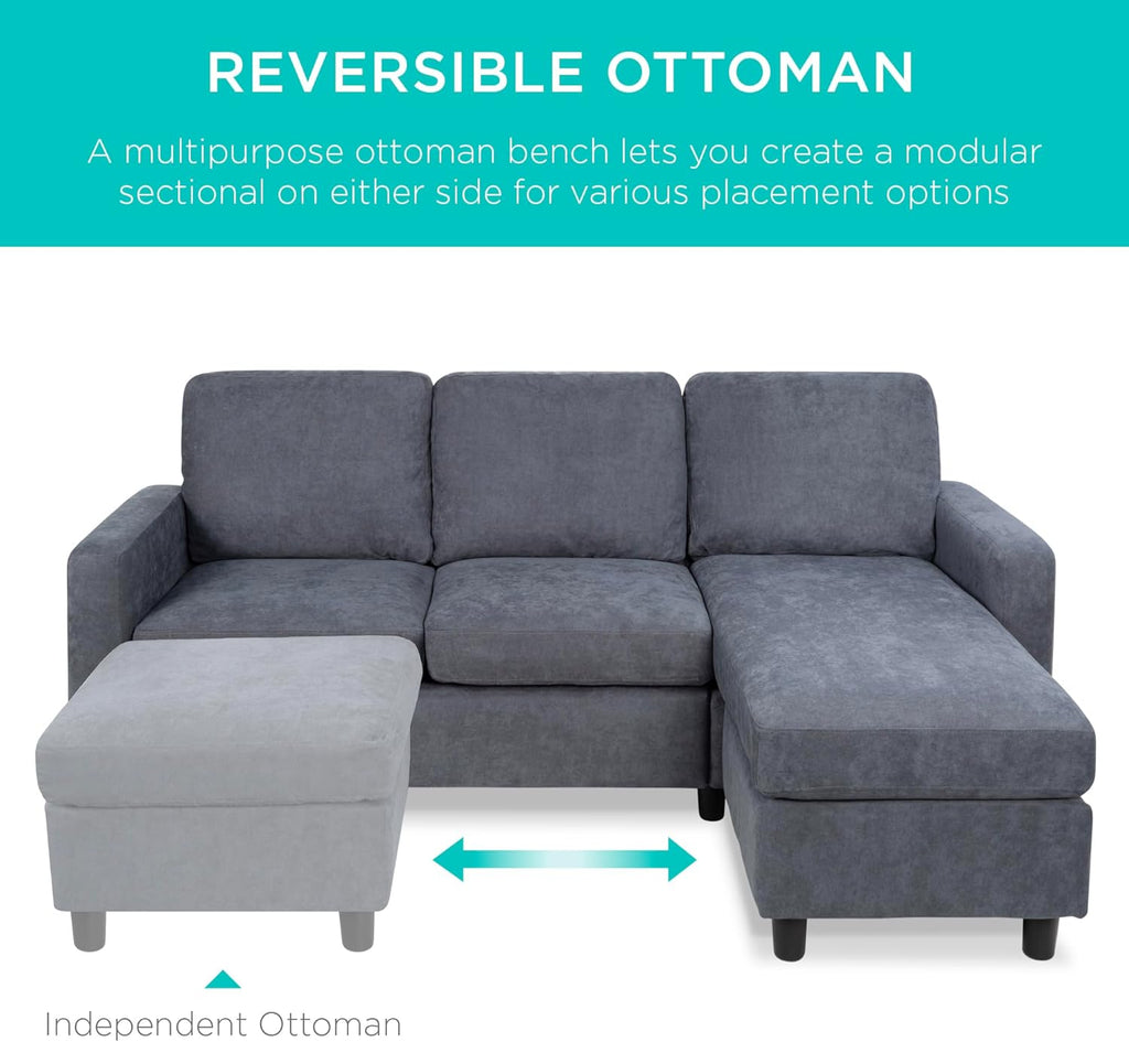 Best Choice Products Sofá seccional de lino para el hogar, apartamento, dormitorio, habitación extra, espacios compactos con chaise lounge, 3 asientos, diseño en forma de L, banco otomano reversible, capacidad de 800 libras - gris