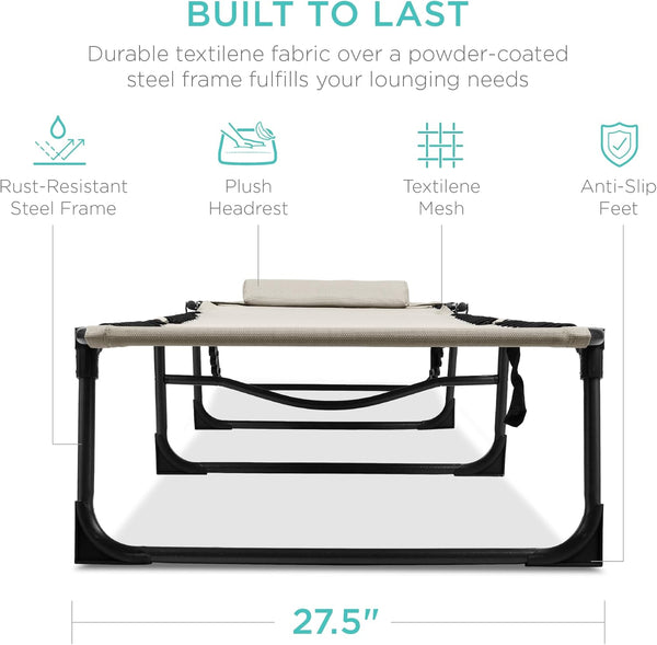 Best Choice Products - Sillón reclinable plegable portátil en la piscina para césped, patio trasero, playa con 8 posiciones ajustables, asas de transporte, capacidad de peso de 300 libras, color marfil
