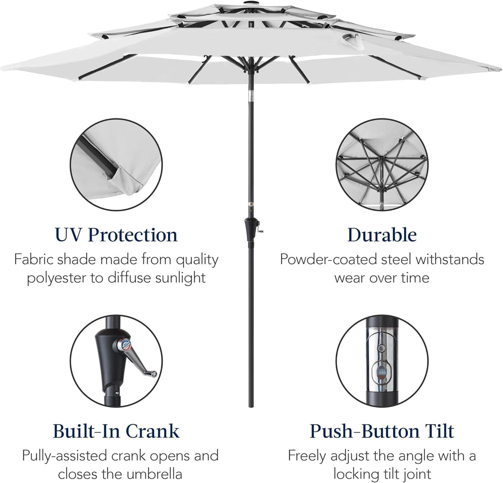 Best Choice Products - Sombrilla de patio de 3 niveles de 10 pies, parasol para patio trasero, terraza, junto a la piscina con 24 luces LED, ajuste de inclinación, manivela fácil, 8 varillas