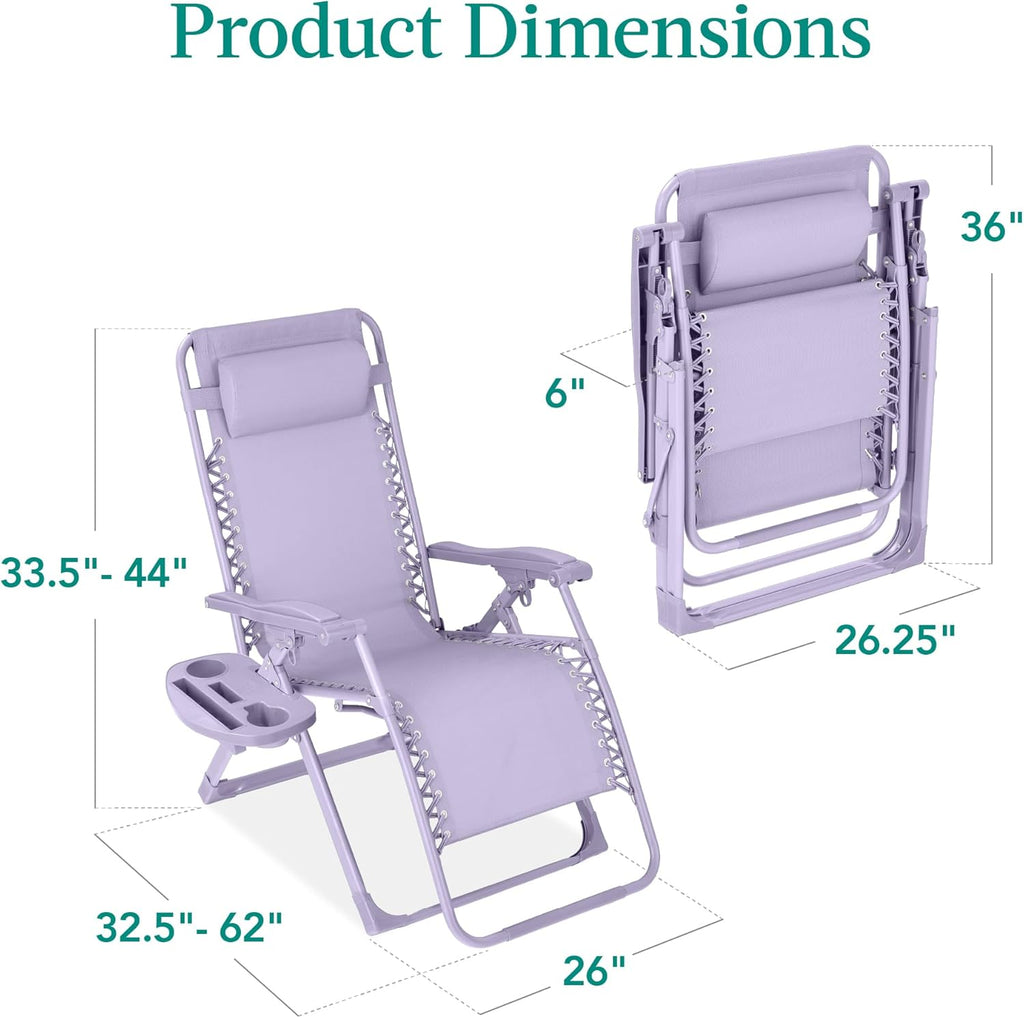 Best Choice Products - Silla ajustable de alta calidad con gravedad cero y monocromática, plegable, reclinable para patio con bandeja lateral, reposacabezas - Lavanda