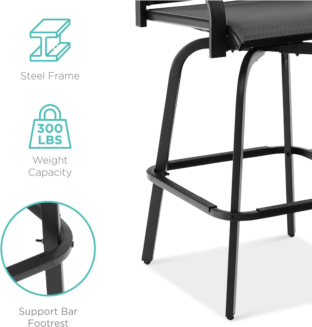 Best Choice Products - Juego de 2 taburetes giratorios, sillas para exteriores con altura de bar, 360 taburetes de bar giratorios para patio con malla para todo clima, capacidad de 300 libras, color negro