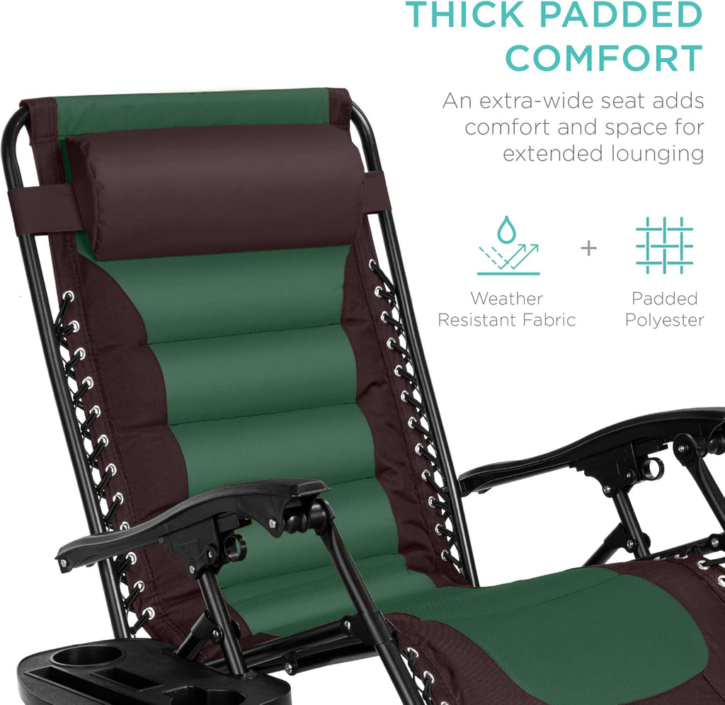 Best Choice Products - Silla acolchada de gran tamaño, reclinable plegable para patio al aire última intervensión, tumbona antigravedad XL para patio trasero con reposacabezas, soporte para vasos,