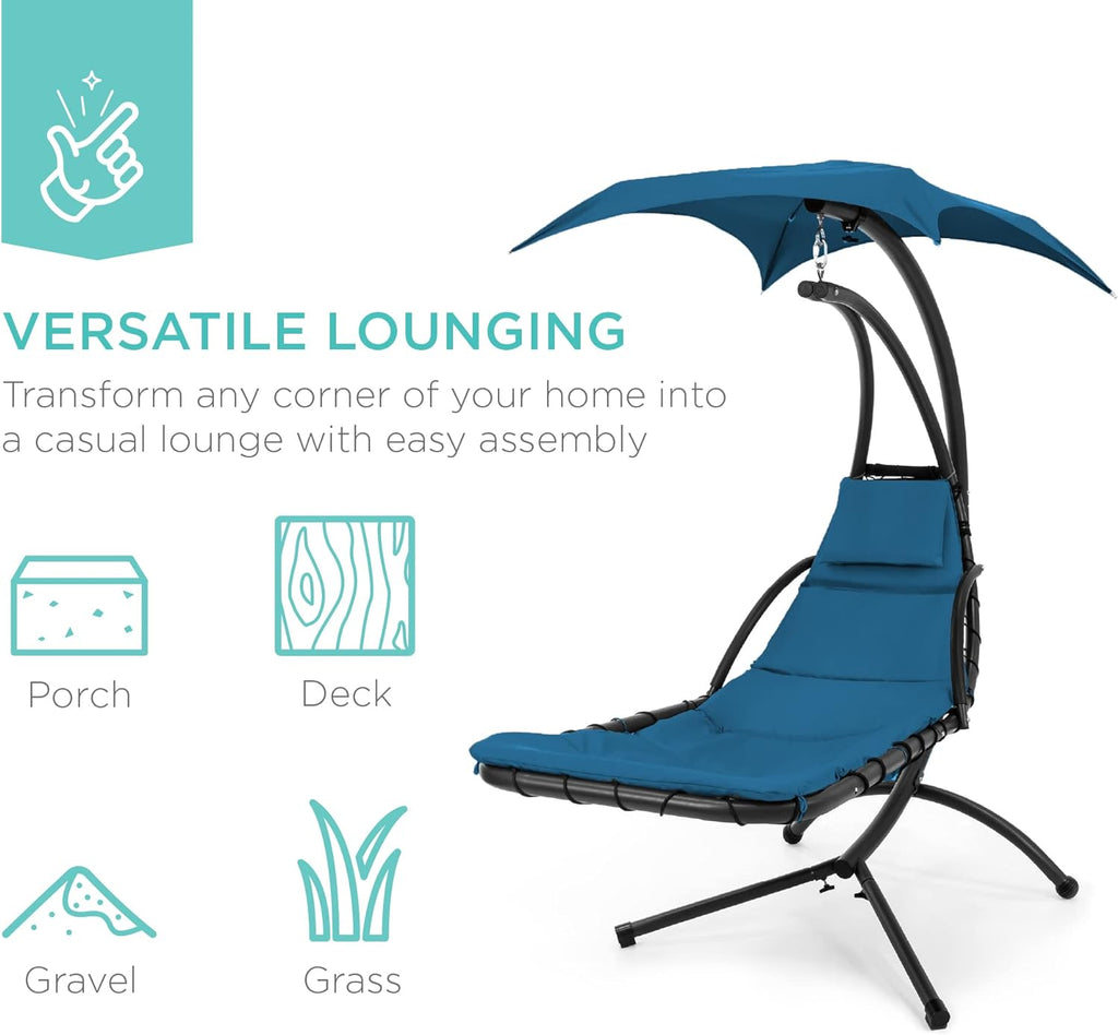 Best Choice Products - Tumbona curvada de acero para colgar al aire última intervensión, con almohada integrada y toldo extraíble, color azul pavo real