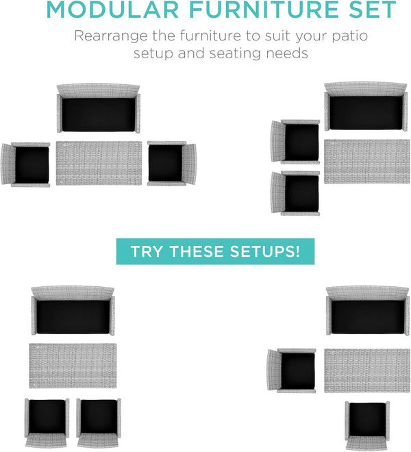 Best Choice Products - Juego de muebles de mimbre para patio de patio de 4 piezas para patio trasero con mesa de centro, cojines de asiento, gris/negro