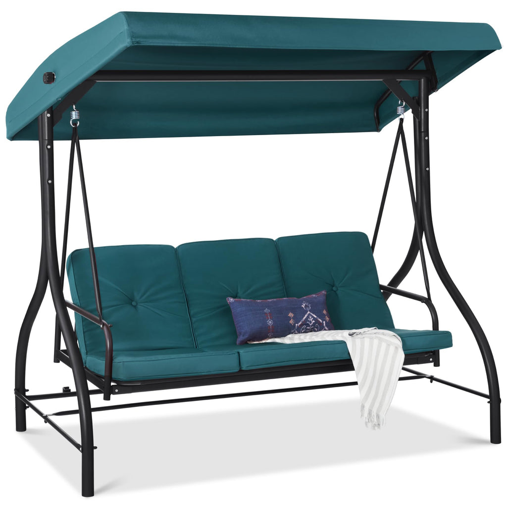 Best Choice Products - Toldo de 3 asientos para exteriores, gran convertible, hamaca de patio, sillón para porche, patio trasero con cama plana, visualización ajustable, cojines extraíbles, color gris