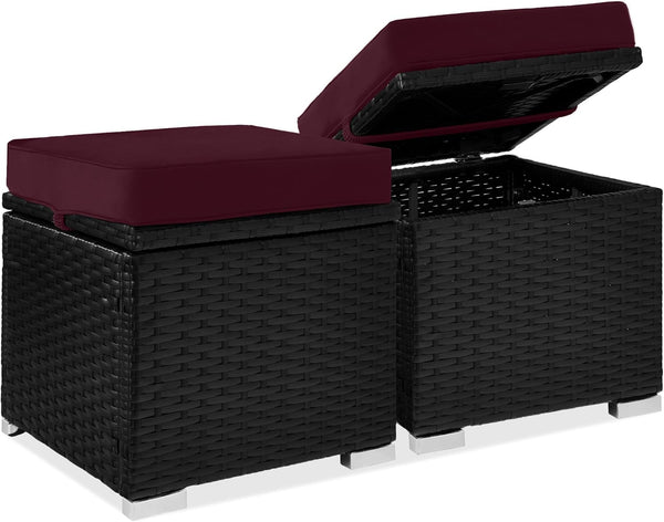 Best Choice Products - Juego de 2 otomanas de mimbre, muebles multiusos para exteriores, para patio, asiento adicional, reposapiés, mesa auxiliar con almacenamiento, cojines extraíbles, color borgoña