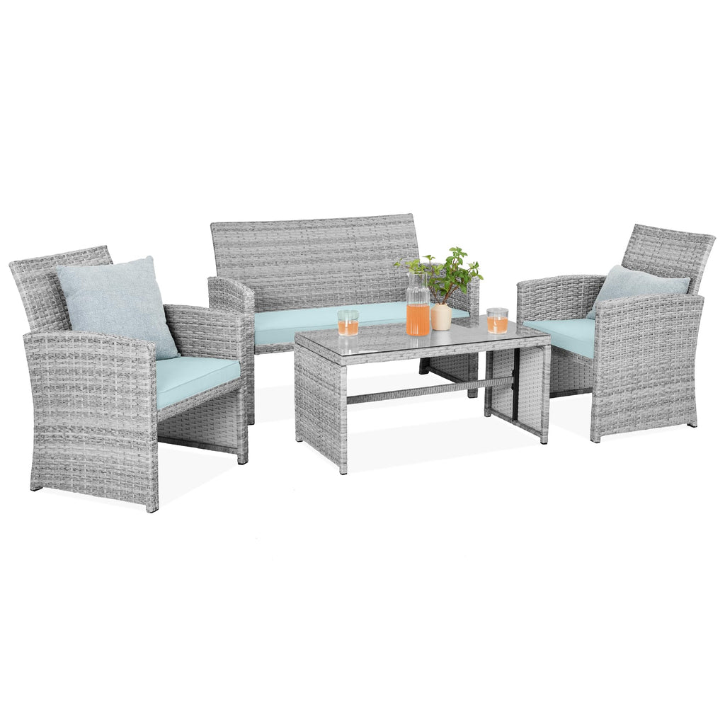 Best Choice Products - Juego de muebles de mimbre para patio de patio de 4 piezas para patio trasero con mesa de centro, cojines de asiento, color topo/arena blanca