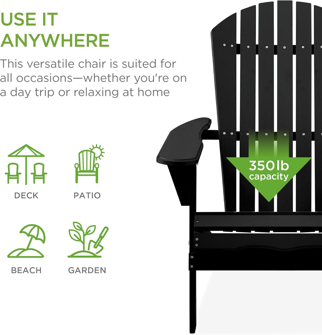 Best Choice Products - Silla plegable Adirondack para exteriores, muebles de madera, sillas de salón para patio, jardín, patio con capacidad de peso de 350 libras, color negro ónix