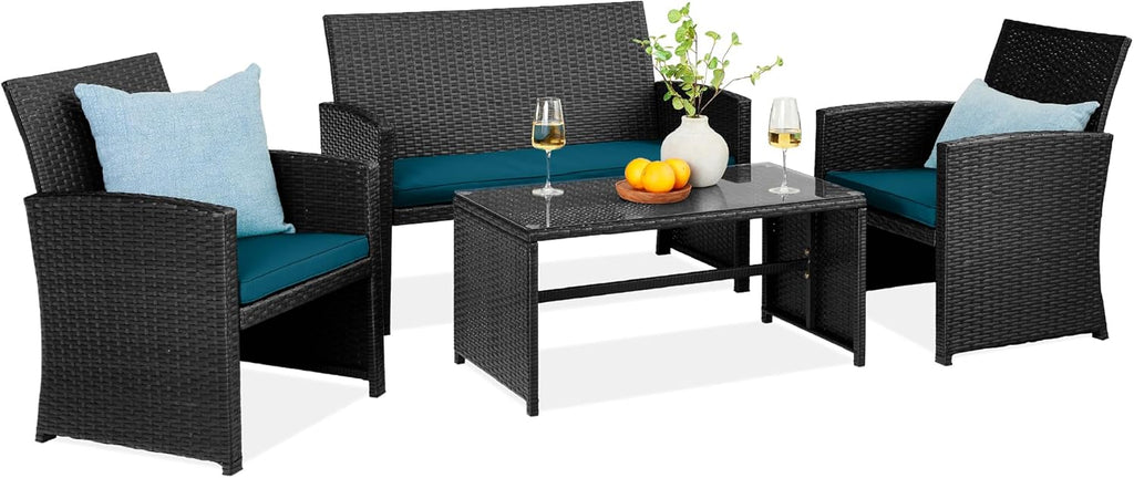 Best Choice Products - Juego de muebles de mimbre para patio de patio de 4 piezas para patio trasero con mesa de centro, cojines de asiento, color negro y pavo real