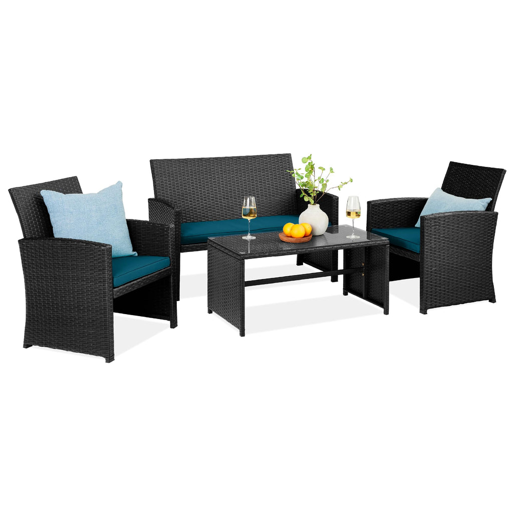 Best Choice Products - Juego de muebles de mimbre para patio de patio de 4 piezas para patio trasero con mesa de centro, cojines de asiento, color topo/arena blanca