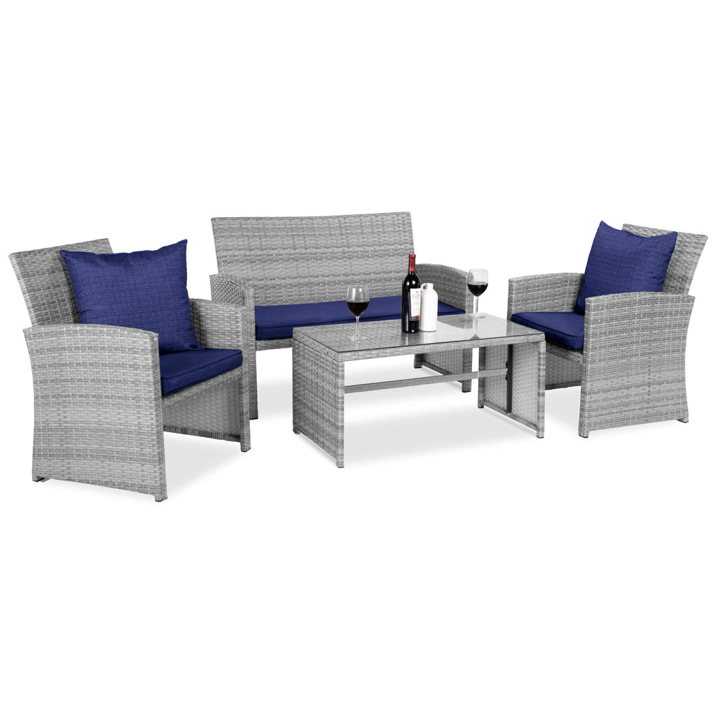 Best Choice Products - Juego de muebles de mimbre para patio de patio de 4 piezas para patio trasero con mesa de centro, cojines de asiento, color topo/arena blanca