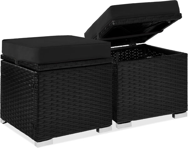 Best Choice Products - Juego de 2 otomanas de mimbre, muebles multiusos para exteriores, para patio, asiento adicional, reposapiés, mesa auxiliar con almacenamiento, cojines extraíbles, negro/negro