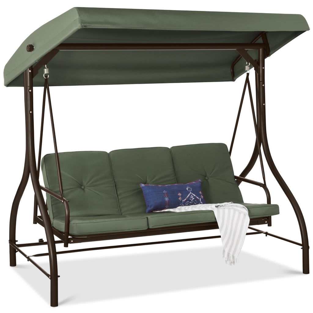 Best Choice Products - Toldo de 3 asientos para exteriores, gran convertible, hamaca de patio, sillón para porche, patio trasero con cama plana, visualización ajustable, cojines extraíbles, color gris
