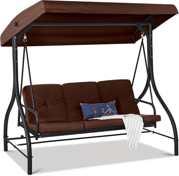 Best Choice Products Toldo Grande de 3 Asientos para Exteriores, Hamaca de Patio para Porche, Patio Trasero con Cama Plana, visualización Ajustable, Cojines extraíbles, Color café