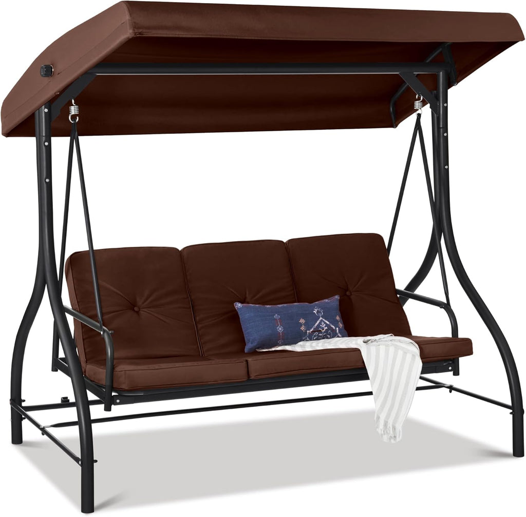 Best Choice Products Toldo Grande de 3 Asientos para Exteriores, Hamaca de Patio para Porche, Patio Trasero con Cama Plana, visualización Ajustable, Cojines extraíbles, Color café