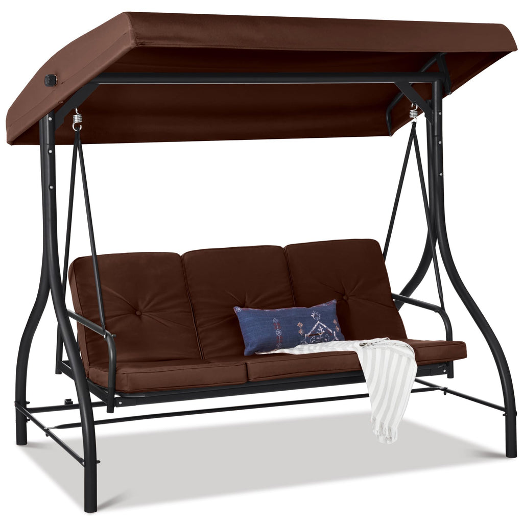 Best Choice Products - Toldo de 3 asientos para exteriores, gran convertible, hamaca de patio, sillón para porche, patio trasero con cama plana, visualización ajustable, cojines extraíbles, color gris