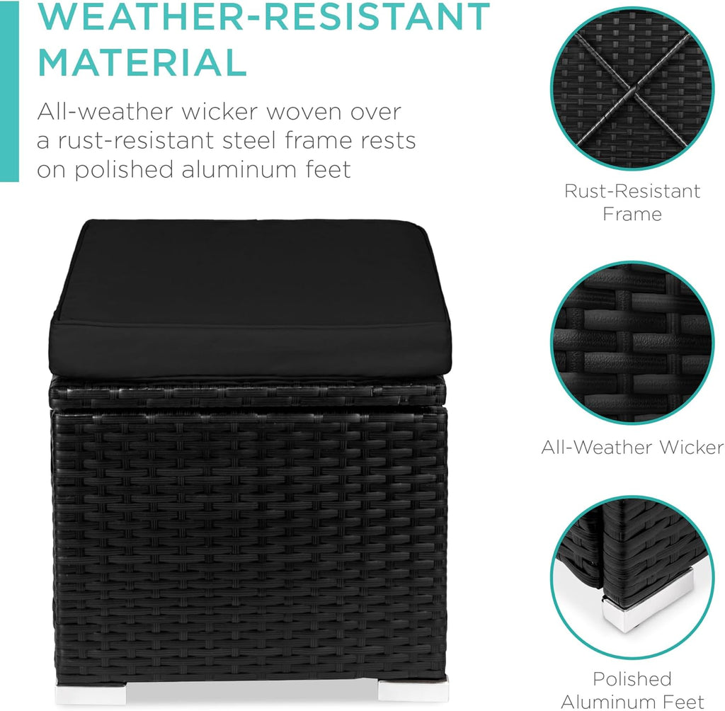 Best Choice Products - Juego de 2 otomanas de mimbre, muebles multiusos para exteriores, para patio, asiento adicional, reposapiés, mesa auxiliar con almacenamiento, cojines extraíbles, negro/negro
