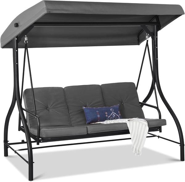 Best Choice Products - Toldo de 3 asientos para exteriores, gran convertible, hamaca de patio, sillón para porche, patio trasero con cama plana, visualización ajustable, cojines extraíbles, color gris