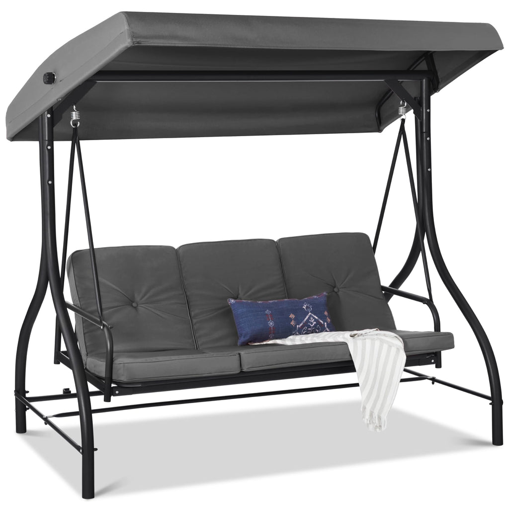 Best Choice Products - Toldo de 3 asientos para exteriores, gran convertible, hamaca de patio, sillón para porche, patio trasero con cama plana, visualización ajustable, cojines extraíbles, color azul