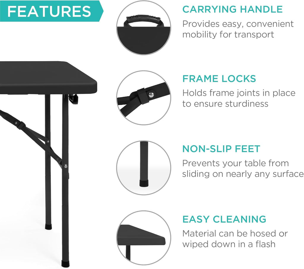 Best Choice Products - Mesa plegable de plástico de 4 pies, para interiores y exteriores, resistente, portátil, con asa, candado para picnic, fiesta, camping, color negro
