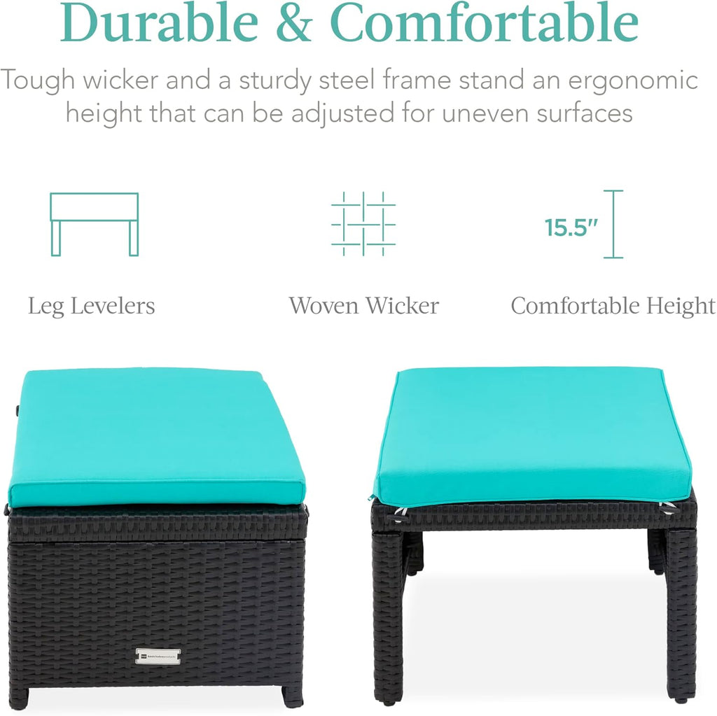 Best Choice Products Juego de 2 otomanas de mimbre, muebles de exterior multiusos para patio, patio trasero, asientos adicionales, mesas auxiliares con cojines extraíbles resistentes a la intemperie, marco de acero, color negro y verde azulado