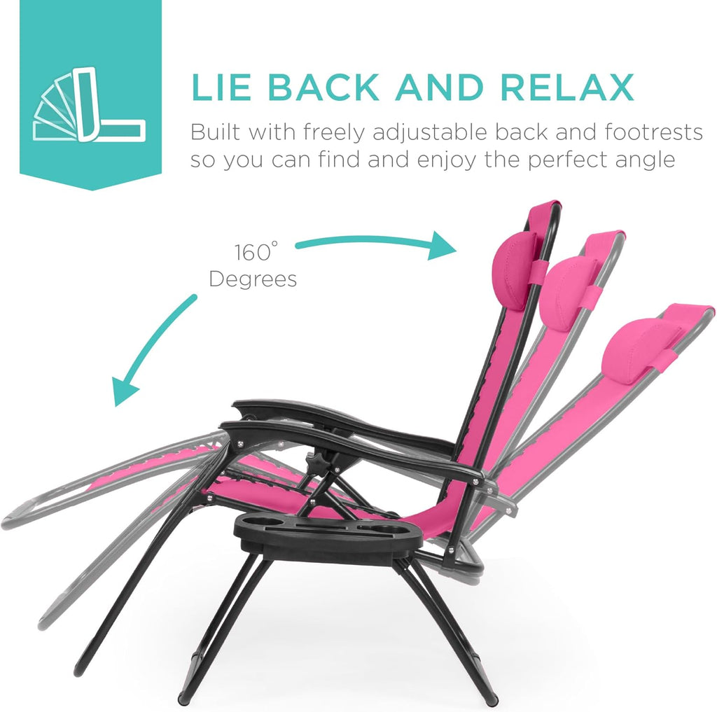 Best Choice Products - Juego de 2 sillas reclinables ajustables de malla de acero con gravedad cero con almohadas y bandejas para portavasos - rosa intenso/negro