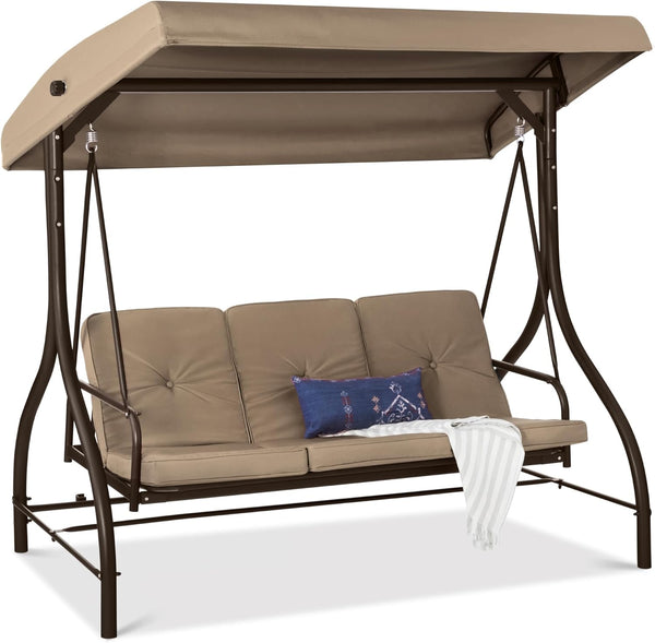 Best Choice Products - Toldo de 3 asientos para exteriores, gran convertible, hamaca de patio, sillón para porche, patio trasero con cama plana, sombra ajustable, cojines extraíbles, color gris pardo