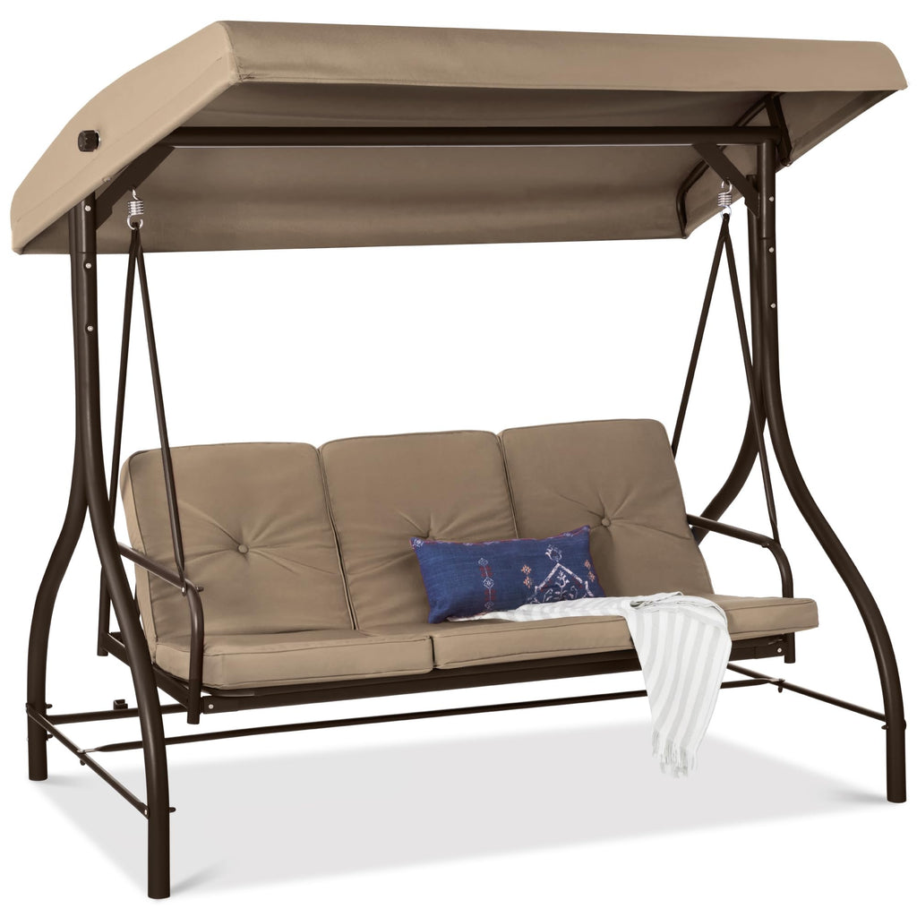 Best Choice Products - Toldo de 3 asientos para exteriores, gran convertible, hamaca de patio, sillón para porche, patio trasero con cama plana, visualización ajustable, cojines extraíbles, color azul
