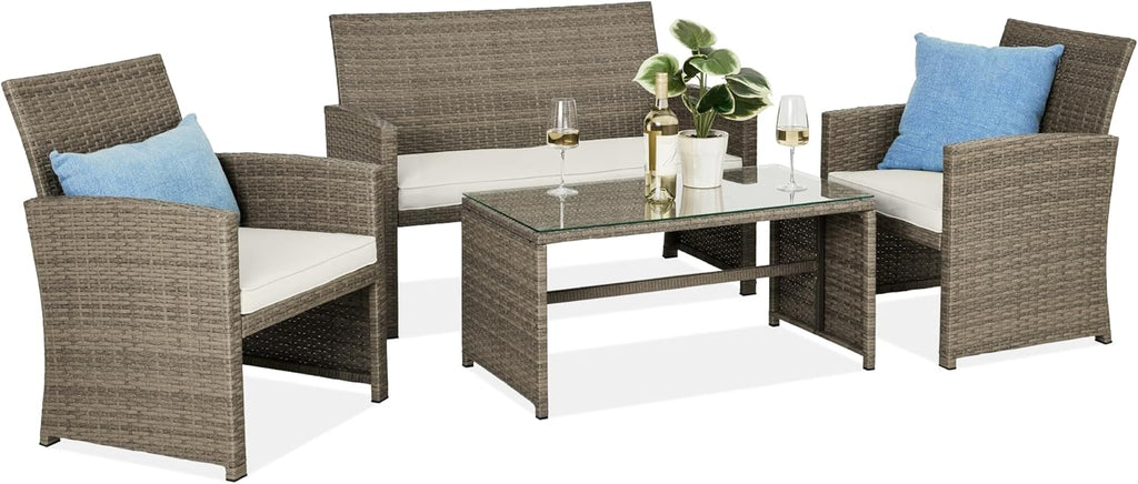 Best Choice Products - Juego de muebles de mimbre para patio de patio de 4 piezas para patio trasero con mesa de centro, cojines de asiento, color topo/arena blanca