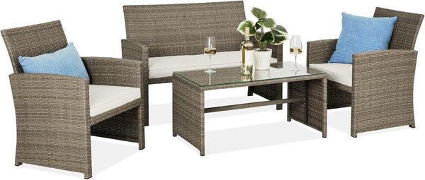 Best Choice Products - Juego de muebles de mimbre para patio de patio de 4 piezas para patio trasero con mesa de centro, cojines de asiento, color topo/arena blanca