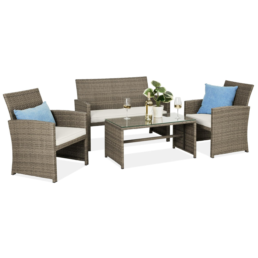 Best Choice Products Juego de Muebles de Mimbre de 4 Piezas con 4 Asientos, Mesa de Cristal Templado, Cojines de Mimbre marrón/Beige