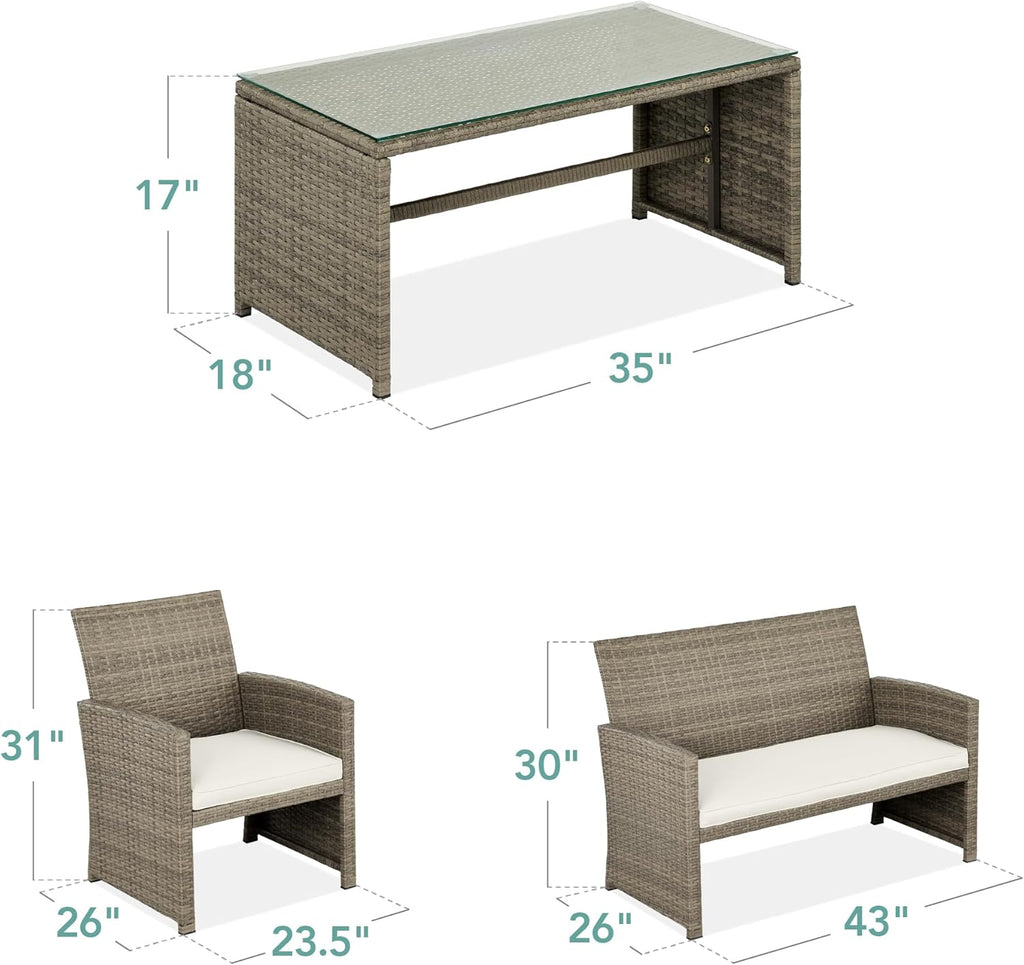 Best Choice Products - Juego de muebles de mimbre para patio de patio de 4 piezas para patio trasero con mesa de centro, cojines de asiento, color topo/arena blanca