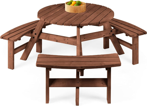 Best Choice Products Mesa circular de picnic de madera para 6 personas para patio, patio, jardín, bricolaje con 3 bancos integrados, capacidad de 500 libras, color café nogal