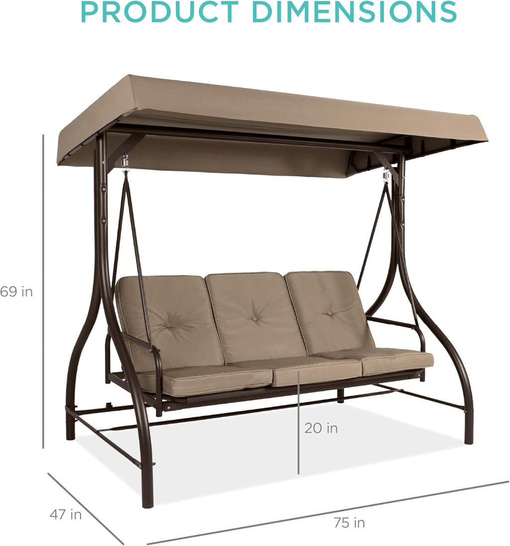 Best Choice Products - Toldo de 3 asientos para exteriores, gran convertible, hamaca de patio, sillón para porche, patio trasero con cama plana, sombra ajustable, cojines extraíbles, color gris pardo