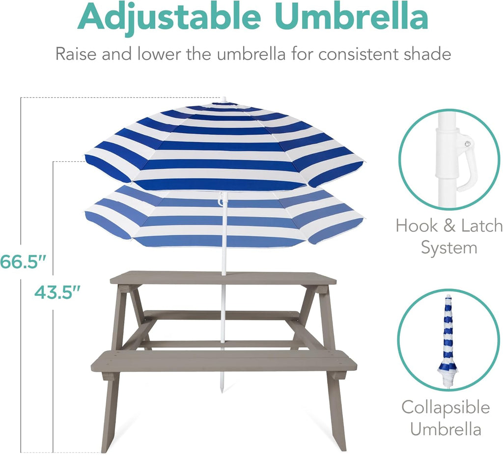 Best Choice Products - Mesa de picnic de madera para niños, mesa de actividades al aire última intervensión y comedor con paraguas plegable ajustable, asientos integrados, gris/azul marino