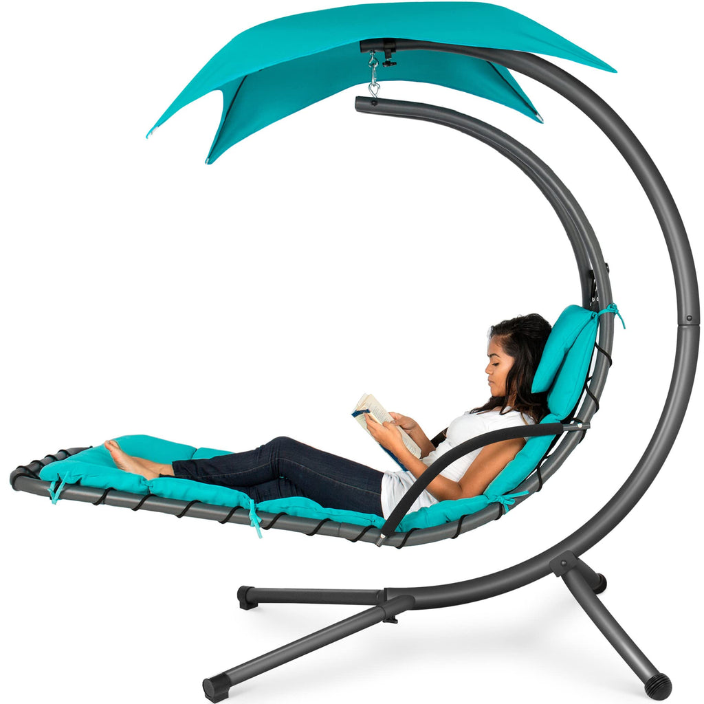 Best Choice Products - Tumbona curvada de acero para colgar al aire última intervensión, con almohada integrada y toldo extraíble, color azul pavo real