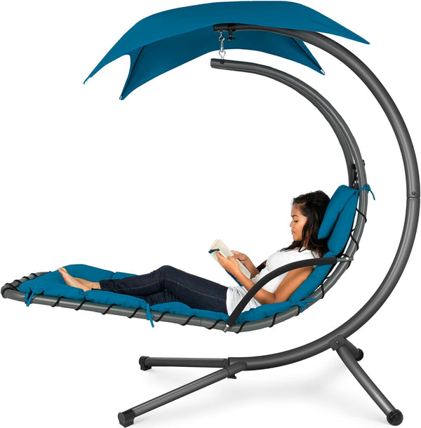 Best Choice Products - Tumbona curvada de acero para colgar al aire última intervensión, con almohada integrada y toldo extraíble, color azul pavo real