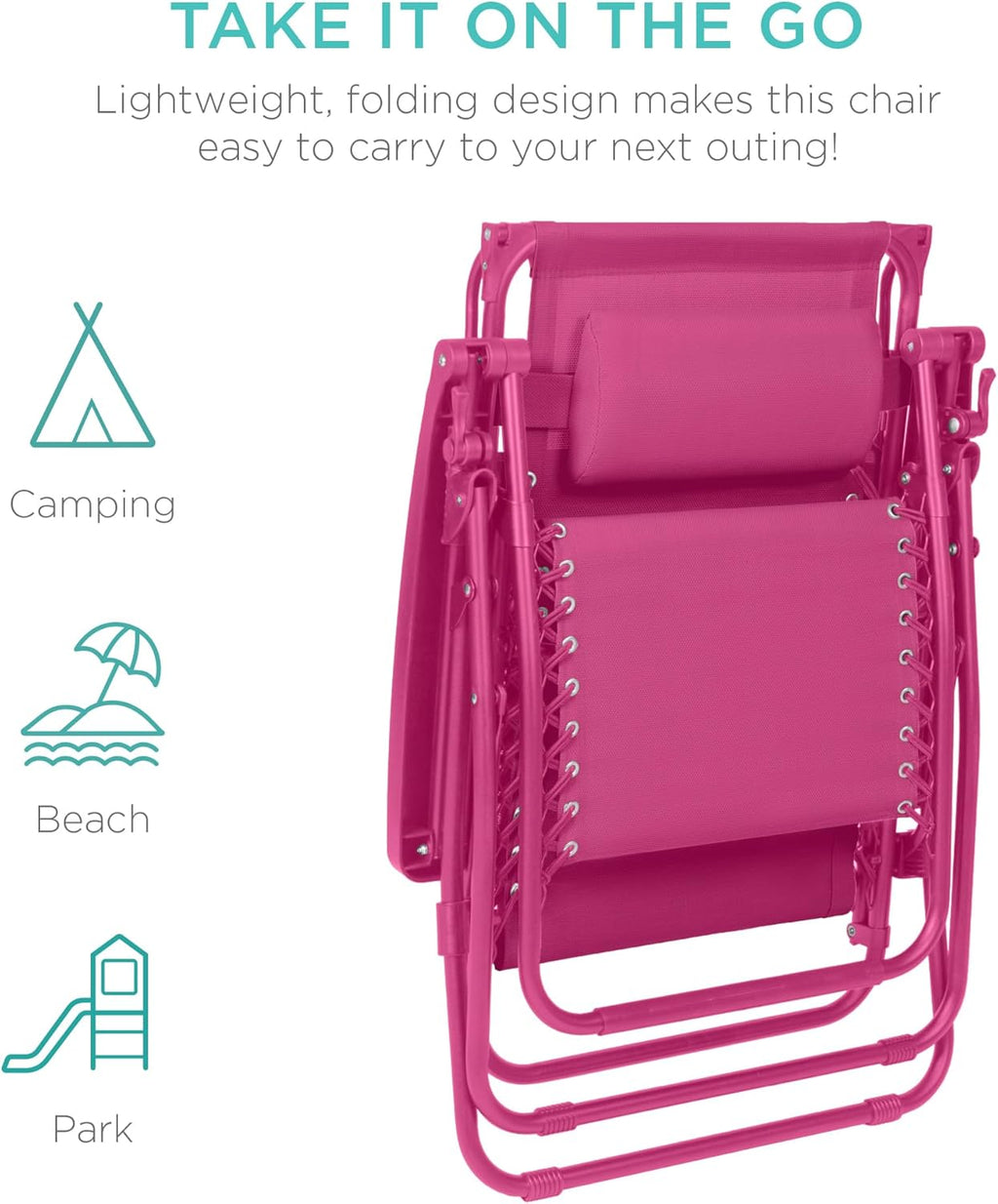Best Choice Products - Silla reclinable plegable de gravedad cero para exteriores, con toldo ajustable, reposacabezas, bandeja de accesorios lateral, malla textilena, color rosa intenso