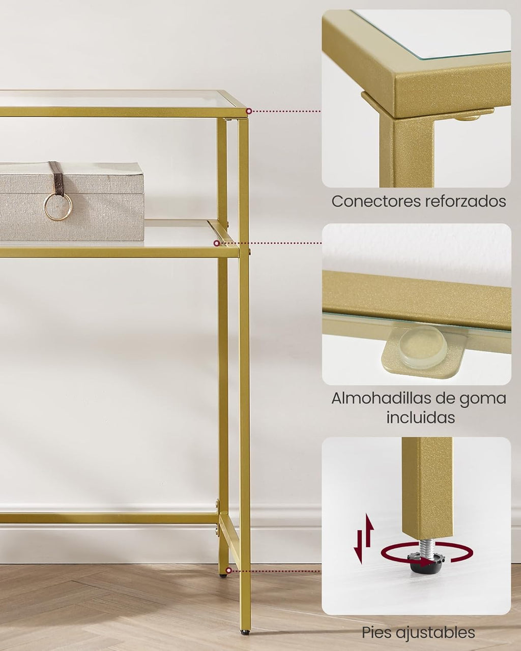 VASAGLE Mesa de Consola, Mesa de Entrada, Marco de Metal, Extremo del Sofá, Tablero de Vidrio Templado, Patas Ajustables, para Salón, Entrada, Pasillo, Dorado y Transparente MLGT025A01