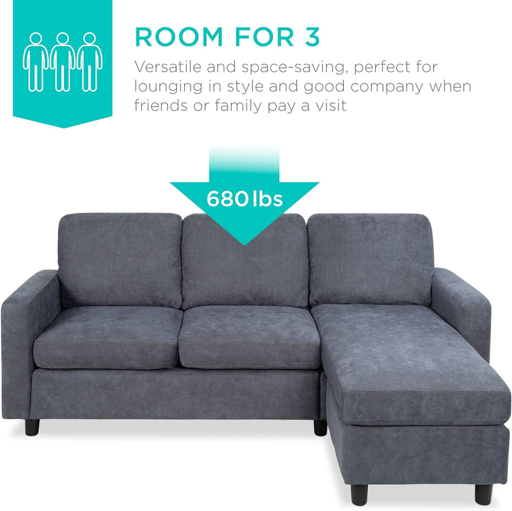 Best Choice Products Sofá seccional de lino para el hogar, apartamento, dormitorio, habitación extra, espacios compactos con chaise lounge, 3 asientos, diseño en forma de L, banco otomano reversible, capacidad de 800 libras - gris