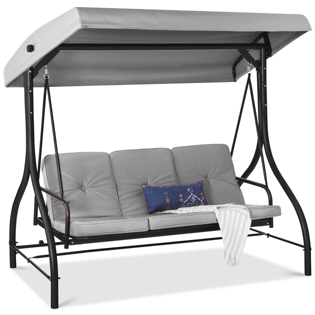 Best Choice Products - Toldo de 3 asientos para exteriores, gran convertible, hamaca de patio, sillón para porche, patio trasero con cama plana, visualización ajustable, cojines extraíbles, color azul